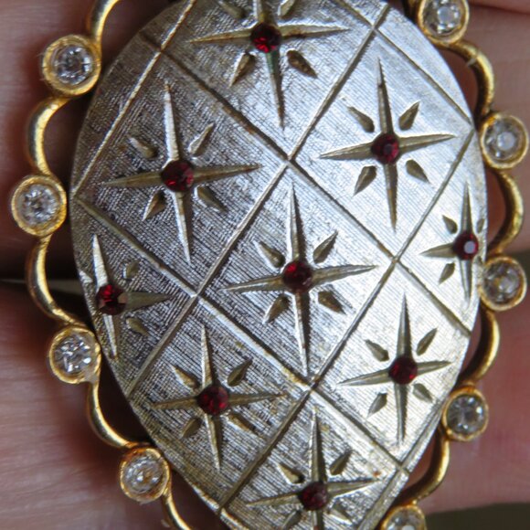 Vtg signed Prestige pend necklace 1960 ruby red crystal silver chain starburst - Picture 6 of 9